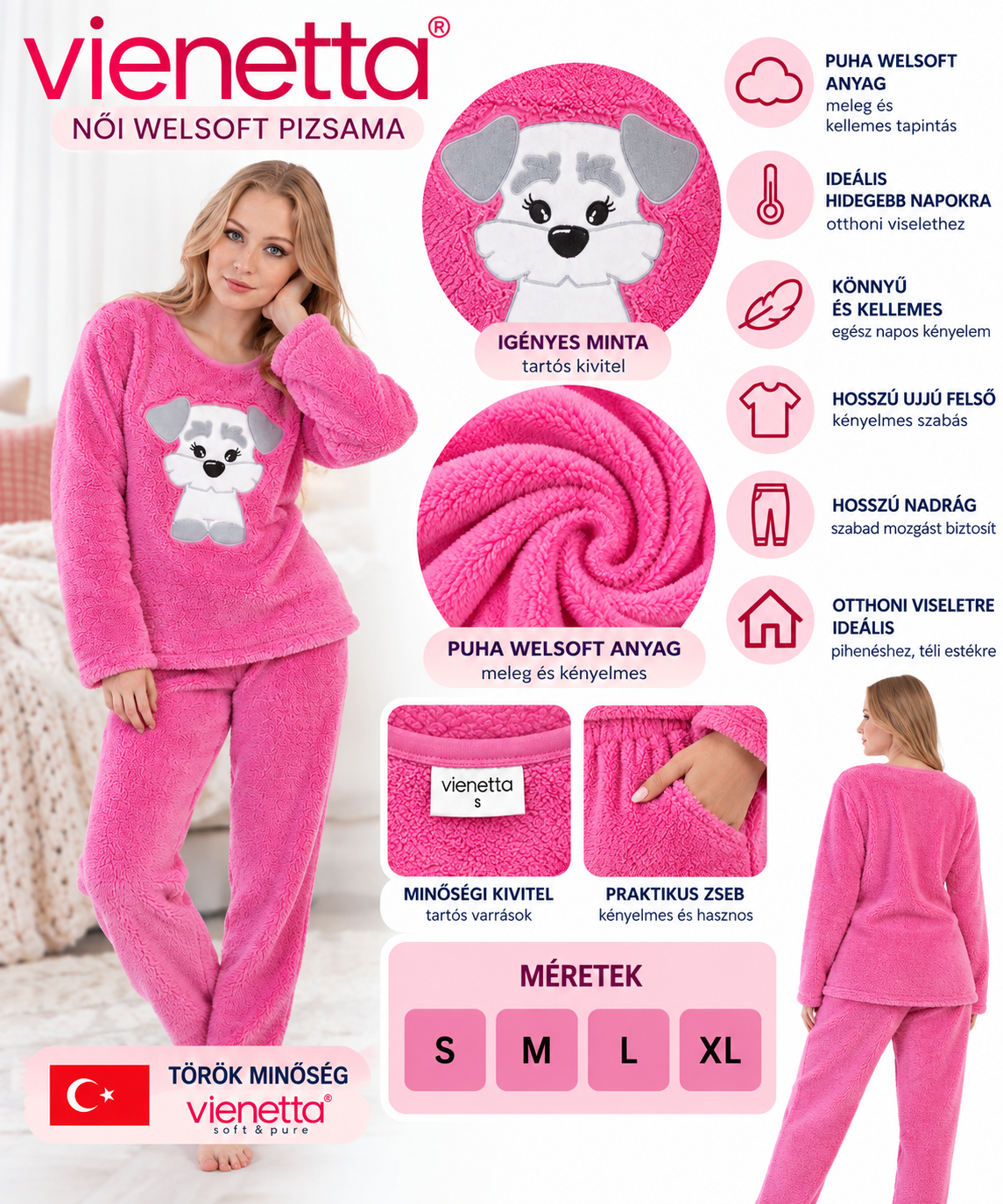 Vienetta női Welsoft kutyás pizsama S–XL méretben infografika